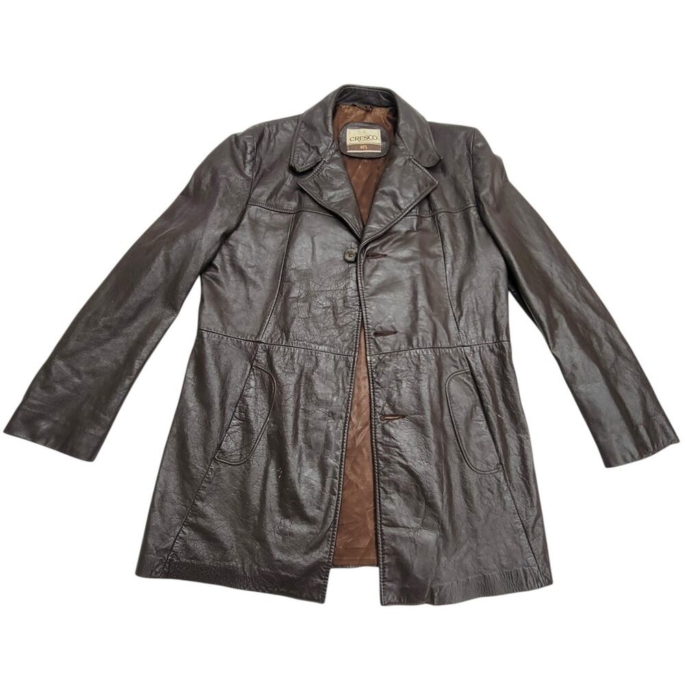 Vintage 70s Cresco Leather Car Coat Jacket Mens 42L Brown Button Trench READ